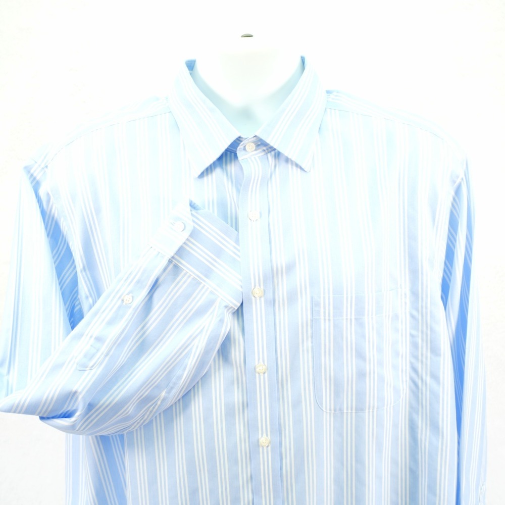 Hart Schaffner Marx Blue White Striped Pima Cotton Collared Dress Shirt -17.5 34